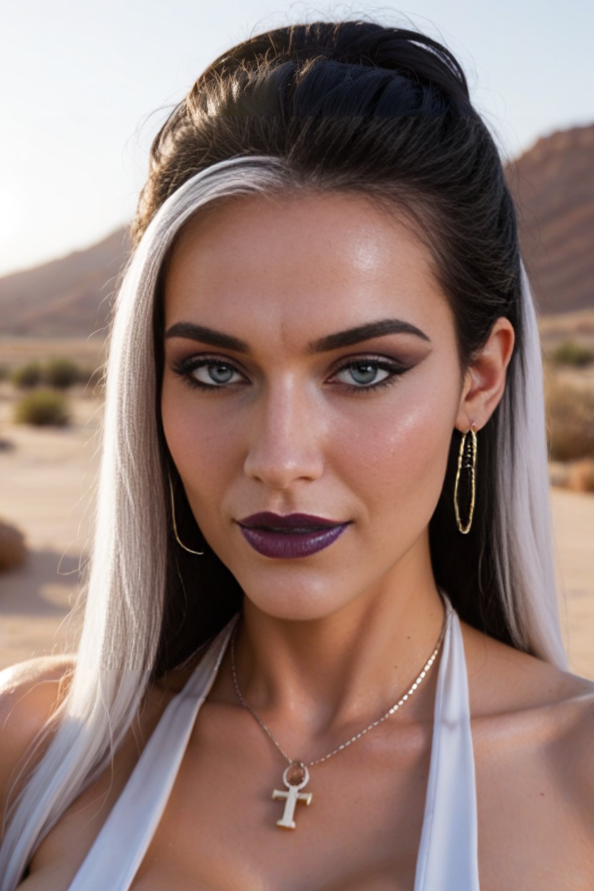 Heavy Ultra Purple Eyeshadow, Two Color Black Hair And White Hair Streak, Hdr AI Porn