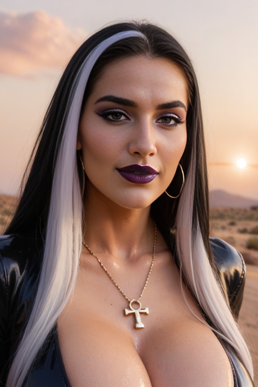 Two Color Black Hair And White Hair Streak, White Hair Streak And Black Hair, Looking At Viewer AI Porn
