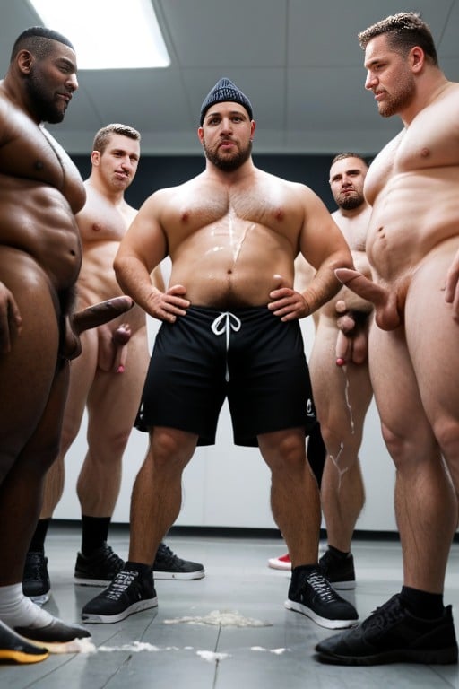 Hairy Chests, Crowded Place, Lot Of People Watching AI Gay Porn