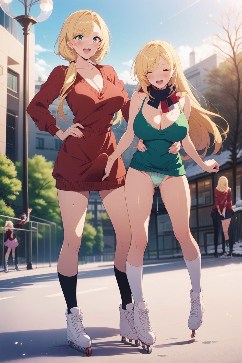 Ice Skating Rink, Minidress, Red Sweater Hentai AI Porn