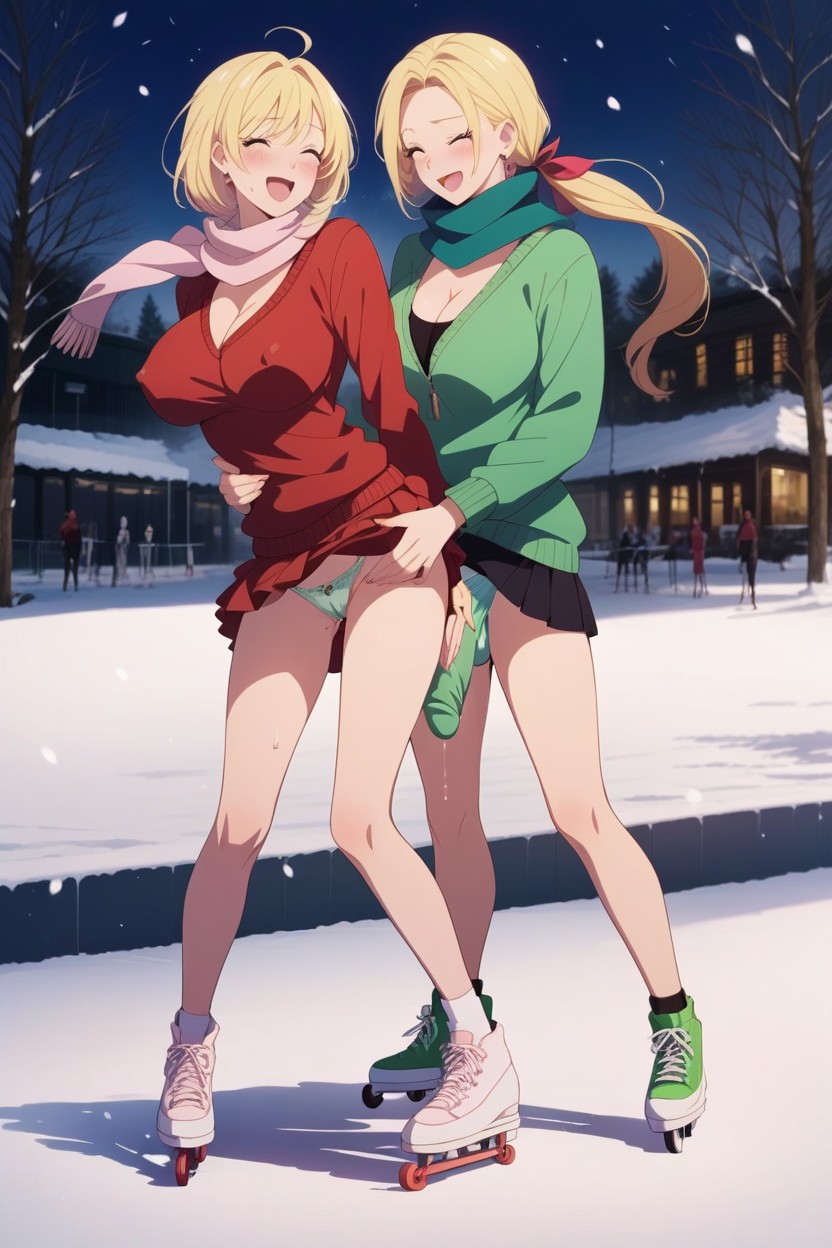 Blonde Hair, Curved Penis Futanari, Blushing Hentai AI Porn