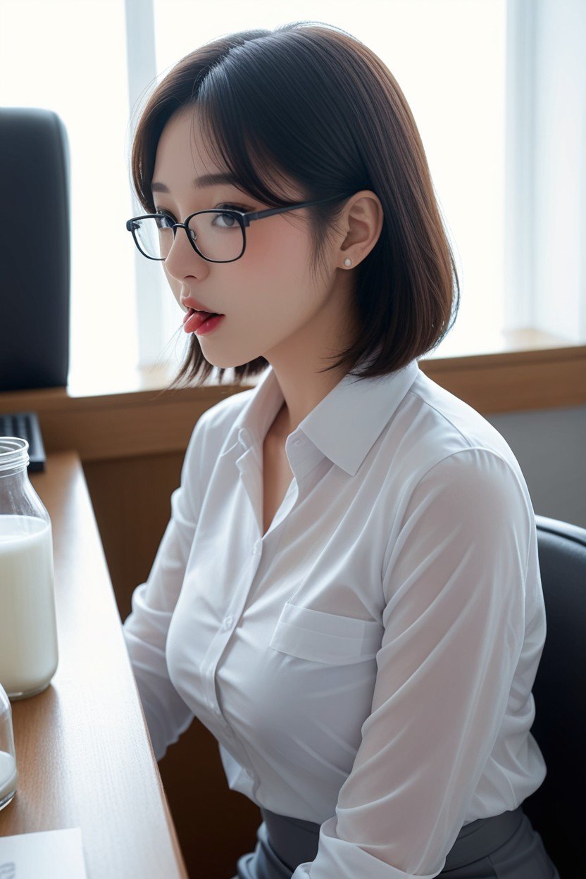 Bottle Is Close To Her Mouth, White Office Shirt, 입을 벌린아시아 AI 포르노