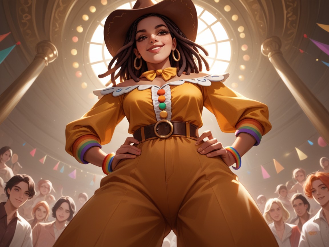 Gold Bandana Around Neck, Round Medium Ass, Wearing Gold And Leather Circus Clothes Hentai AI Porn