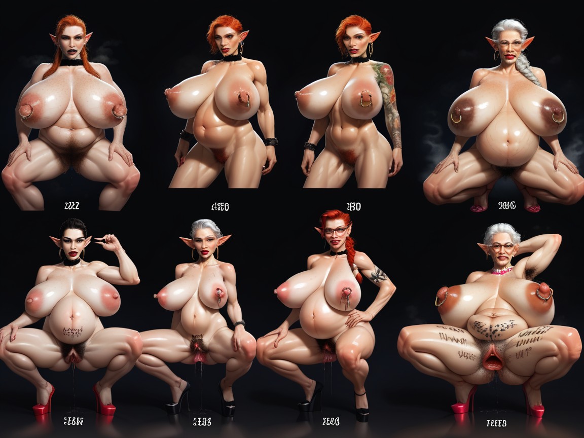 Excessively Long Thick Nipples, Red Hair, Tattoo Hentai AI Porn