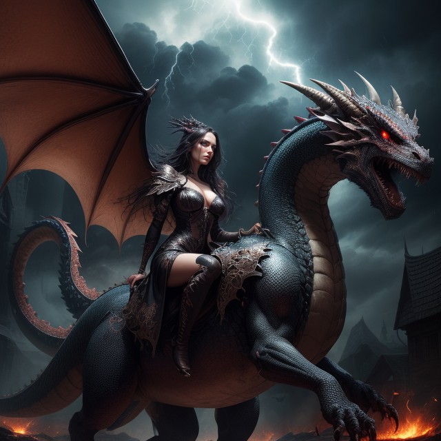 Females Riding Dragons, Black Haired Woman, Goth AI Porn