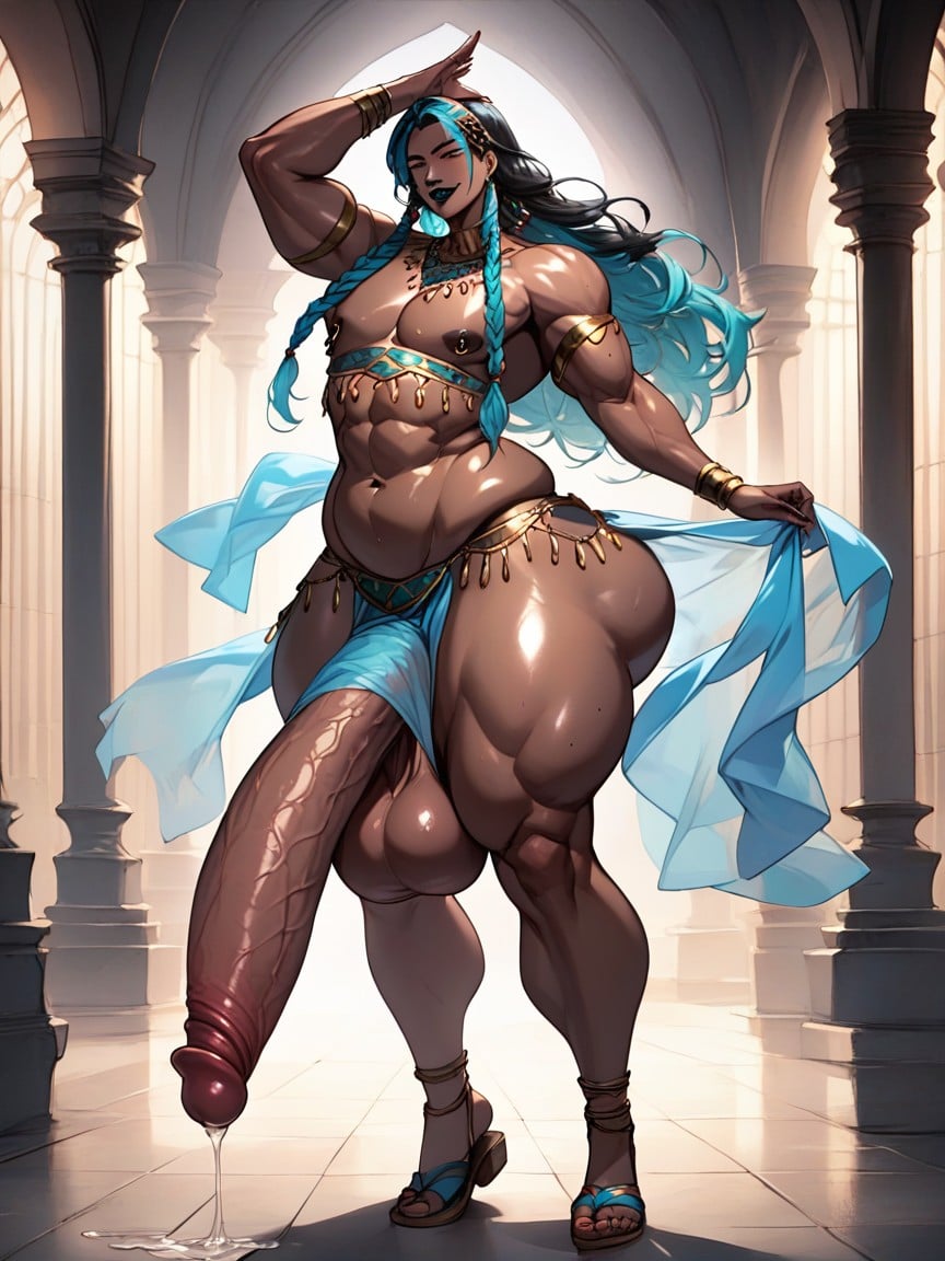Hyper Excessive Precum, Extremely Wide Hips, Dark Brown Skin Shemale AI Porn