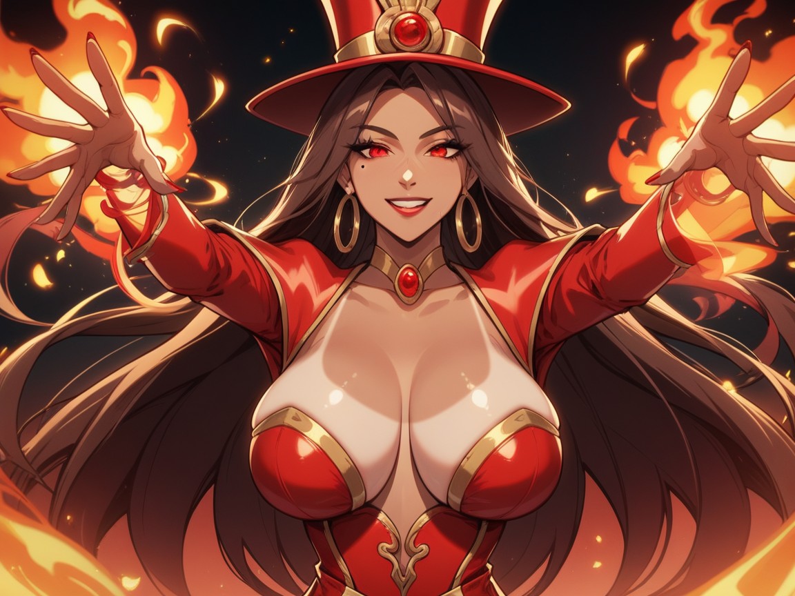 Focus On Woman, Long Breast Width, Red Neon Fog AI Porn