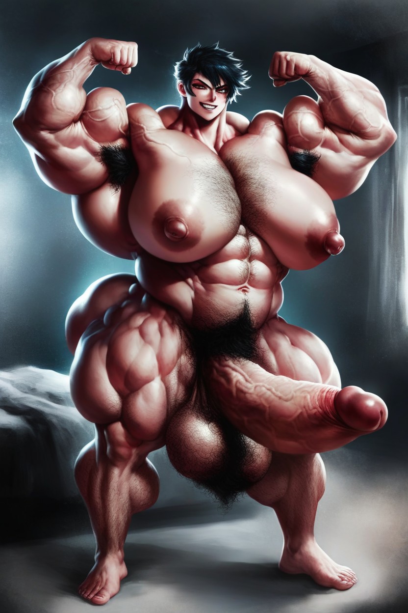 Extremely Hairy Chest, Hyper Massive Thighs, Vascularity Shemale AI Porn