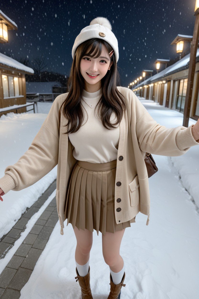 Woman Wearing Brown Pleated Skirt, Selfie, Standing アジアのAIポルノ