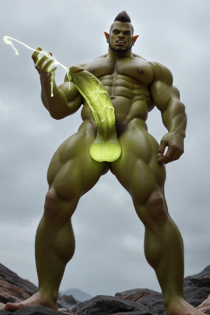 Orc Male, 1 Personne, "orc Hyper-muscular Green-skinned Orc With A Bloodline Glowing Porno IA Gay