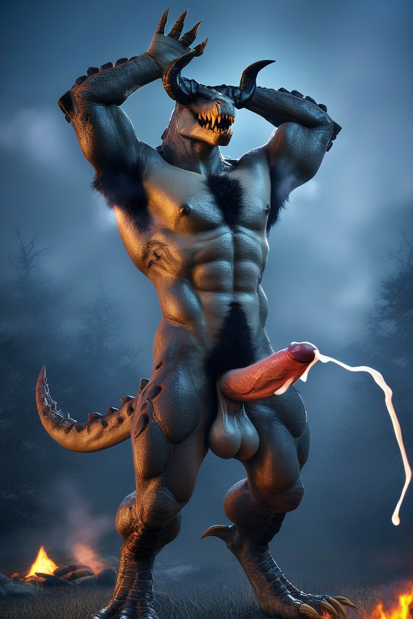Hot Steam On The Full Body, Campfire, Veiny Furry AI Porn
