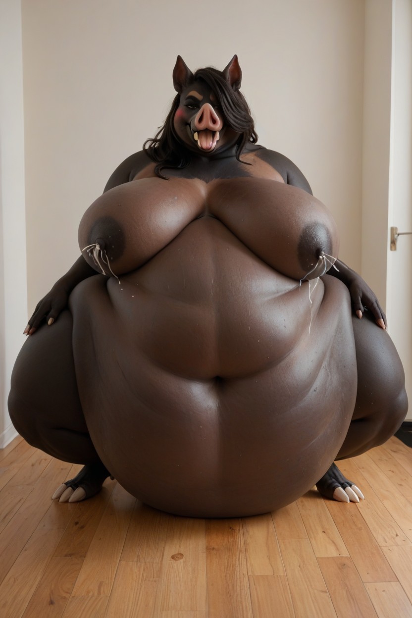 Long Feminine Hair, Hog, Cartoonishly Obese Cheeks AI Porn