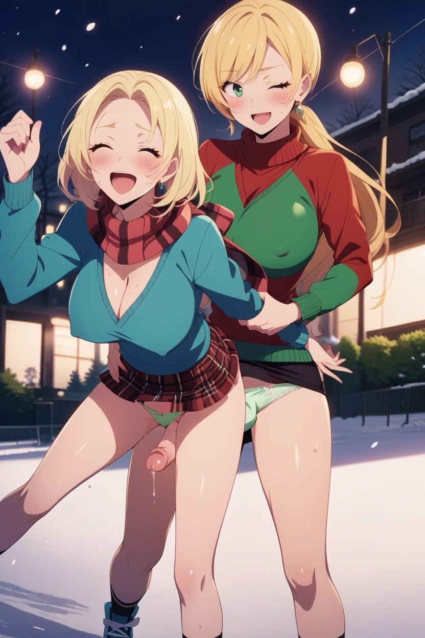 Laughing, Woman Behind Holding Her Waist, Futanari Hentai AI Porn