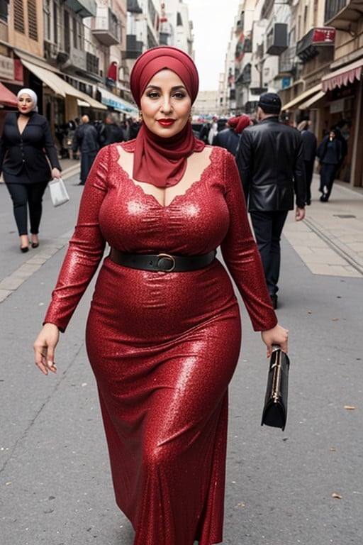 Chubby Arab Step Step Mother Milf Big Ass Sexy Hijab Arabic Dress Abba Arabic Hijab Style Leather Belt Walking Street Red Lipstick Fake Lips, Arab, 50+ Asian AI Porn
