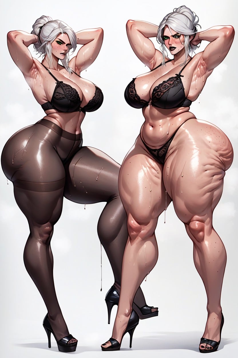 Sitting With Cross Legs, Disgusted, Oiled Skin Hentai AI Porn