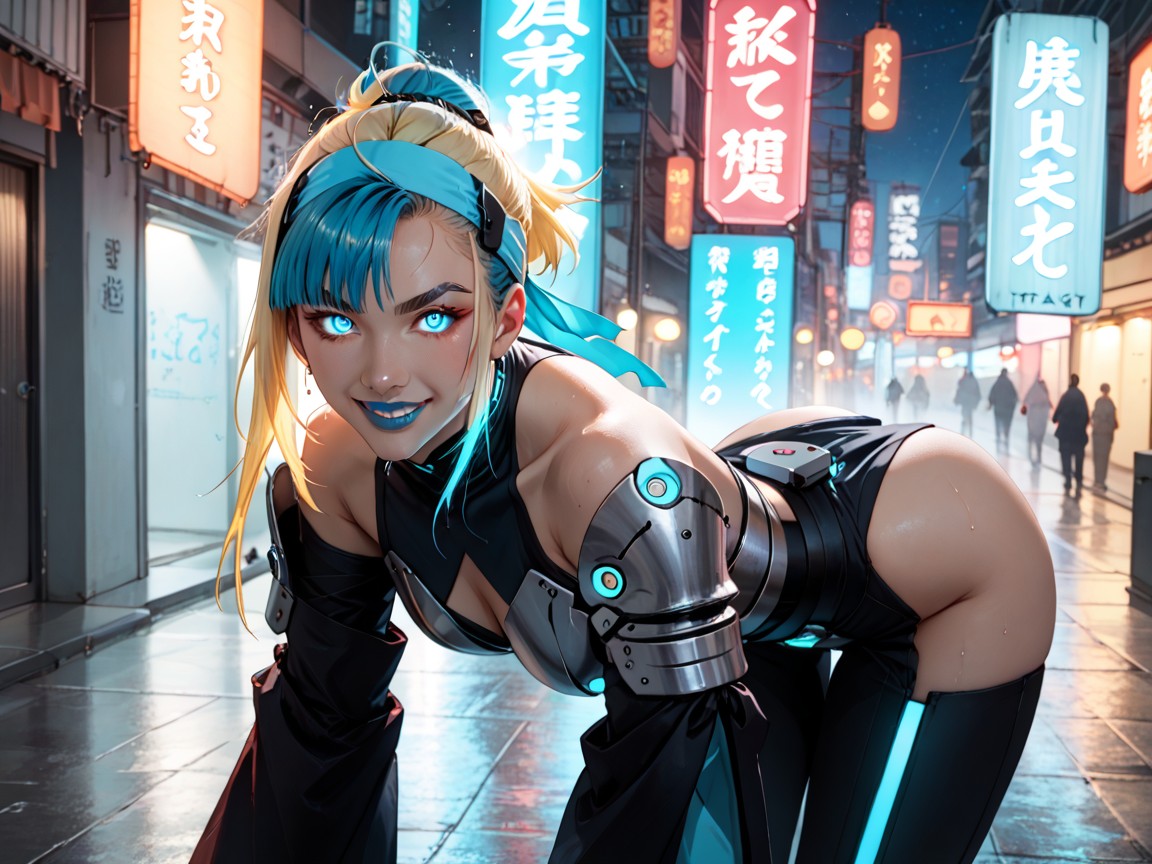 Rounded Ass, Blue Metallic Samurai Headband, Glowing Eyes Hentai AI Porn