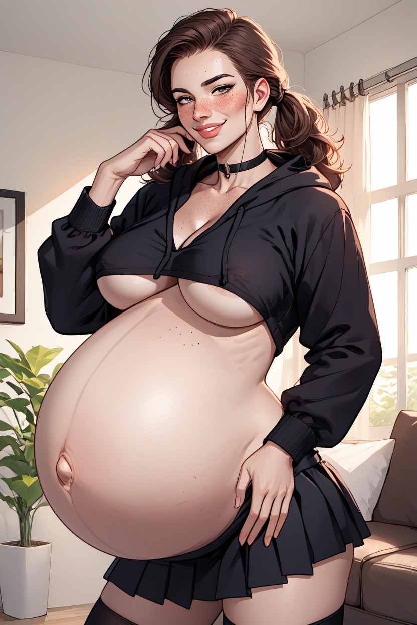 Small Ass, Swollen Pregnant Belly, Brown Eyes Hentai AI Porn