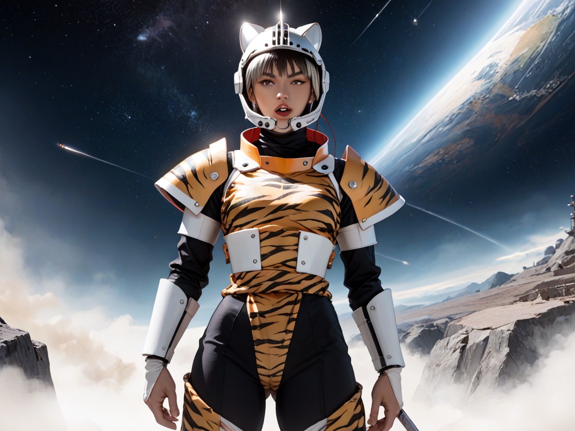 Downturned Eyes, Tiger Print Samurai Armor, Strong Legs Hentai AI Porn