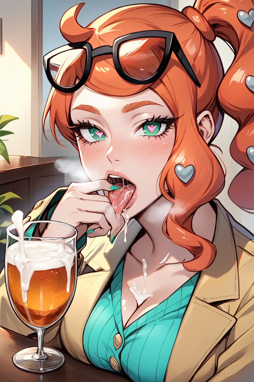 Viewer Standing In Front Of Her While She's Sitting, Steamy Breath, Coffee Table In Front Of Them Hentai AI Porn