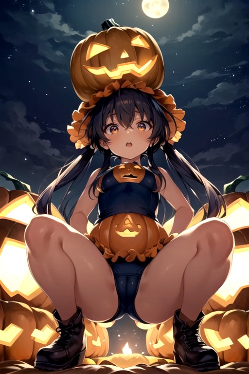 Squatting, Pumpkin Head Man, Dark Black Skin Hentai AI Porn