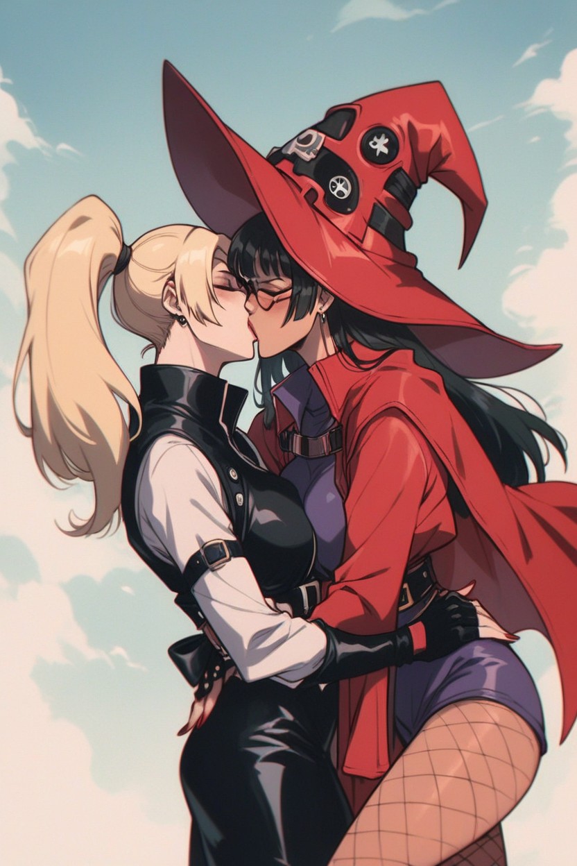 Red Witch Custum And Black Bob Hair Kissing Blonde Haired High Ponytail Ino Yamanaka From Naruto Wearing Purple Ninja Outfit With Fishnets, A Red Witch Hat, Women I No From Guilty Gear Strive With Glasses AI同性戀黃片