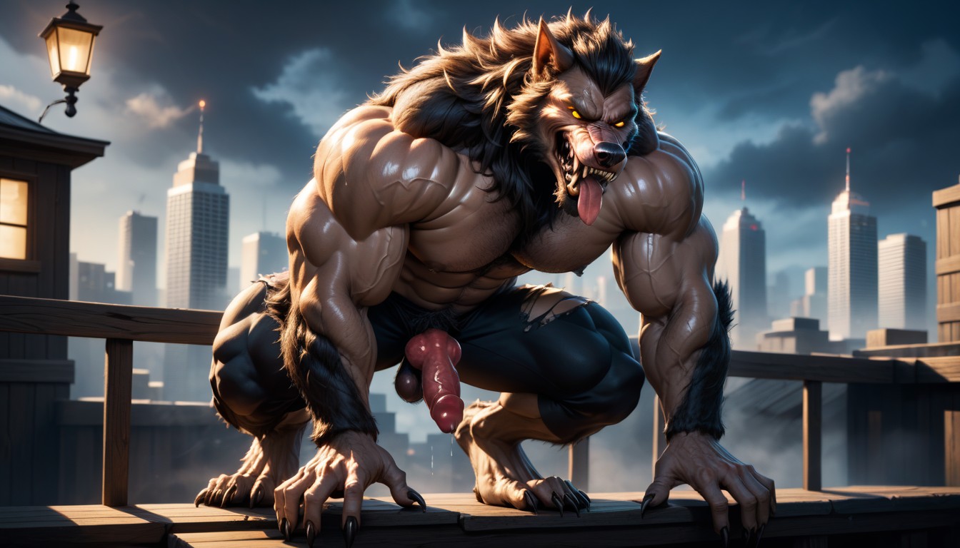 Werewolf Has A Werewolf Knot, The Werewolf Penis Is Red, Backlit AI Gay Porn