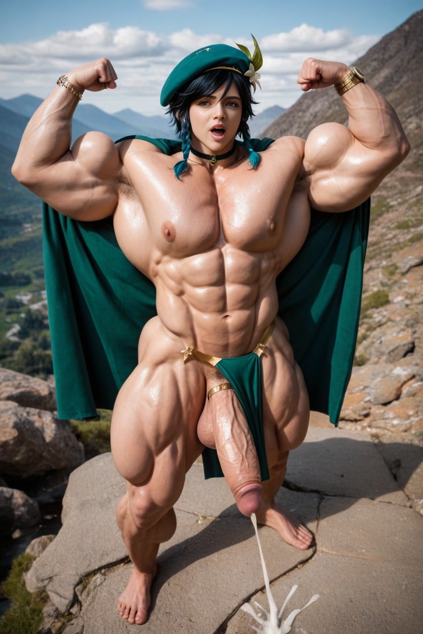 Posing On Mountain Trail, Huge Pec Overhang, Face AI Porn