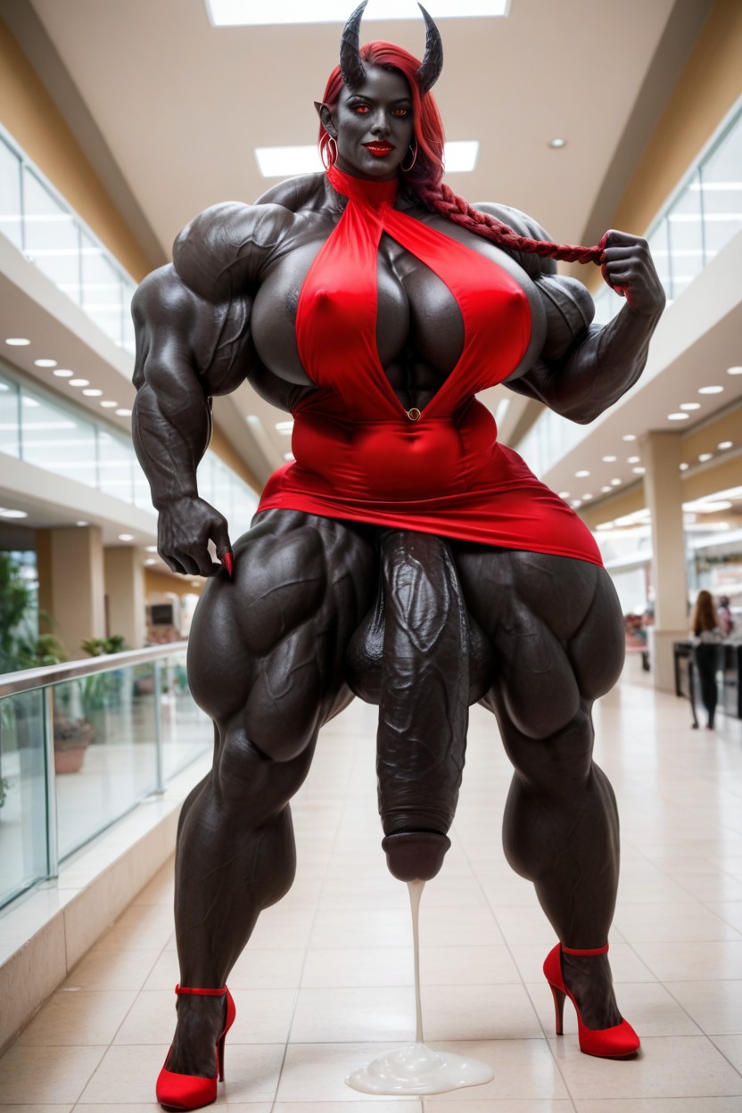 Black Skin, Toned Muscles, Cutout Long Red Dress Shemale AI Porn