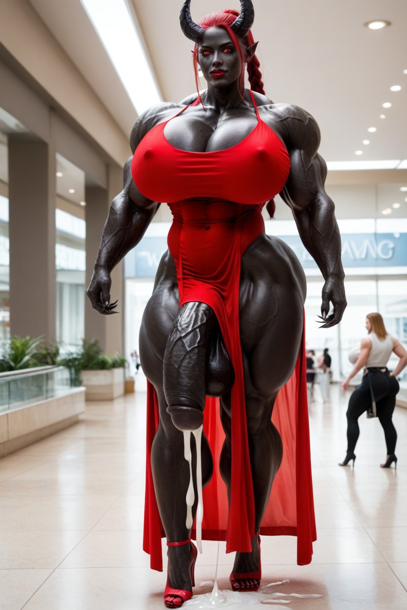 Impossibly Gigantic Black Cock, Extremely Swollen Veins, Sexy Red Dress Shemale AI Porn