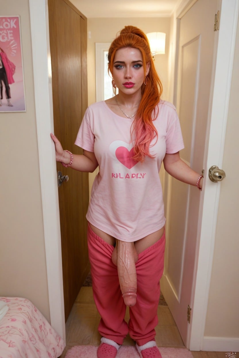 Pink Headboard, Surprised, Blonde Hair With Pink Highlights Shemale AI Porn