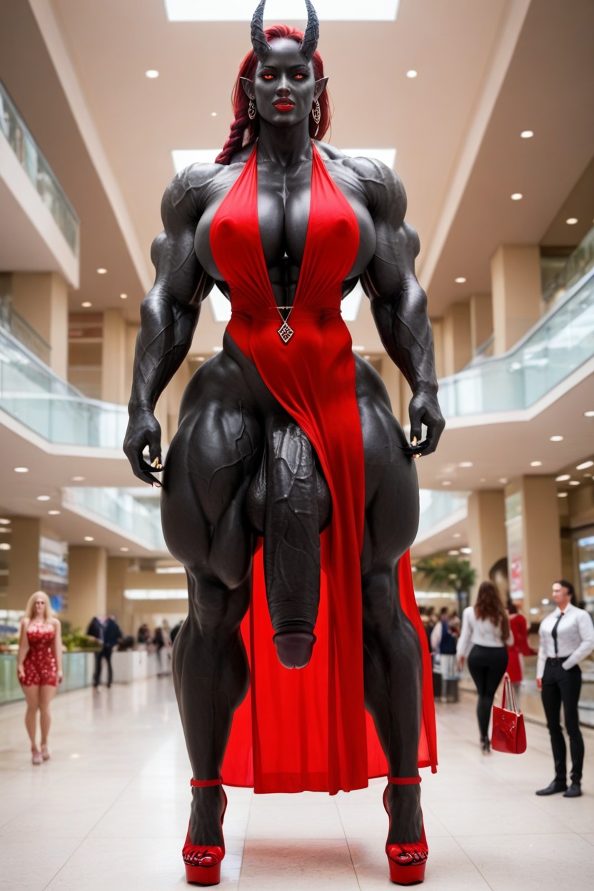 Oni Horns, Bodycon Red Dress, Muscular Veins Shemale AI Porn