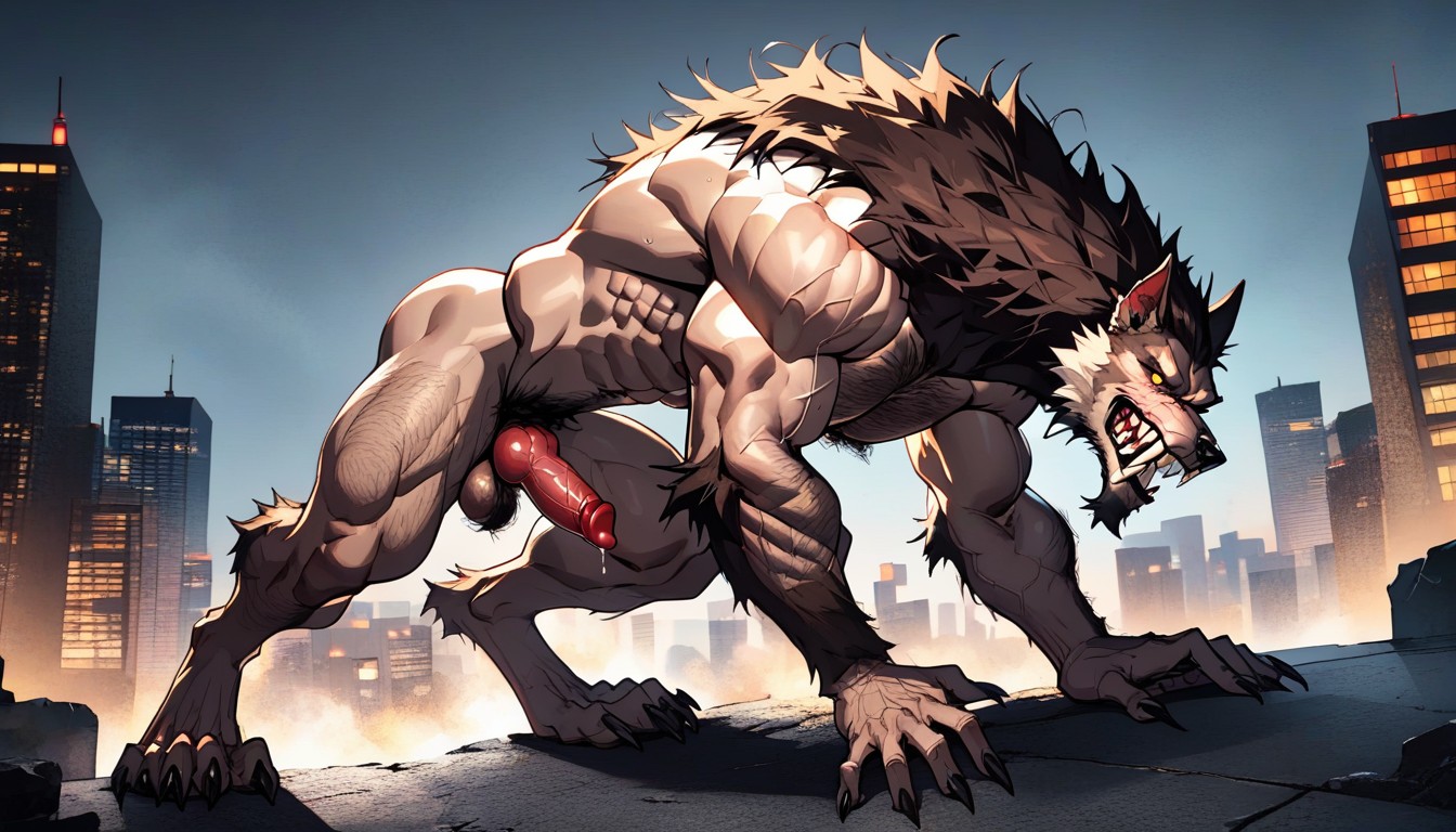 Side View, Giant Strong Muscular Werewolf Furry Anthropomorphic, Veiny AI Gay Porn