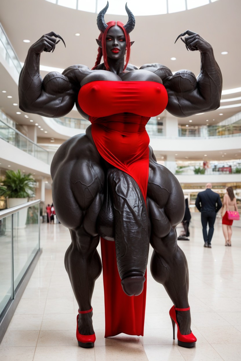 Gigantic Muscle, Exaggerated Massive Black Cock, Sexy Red Dress Shemale AI Porn