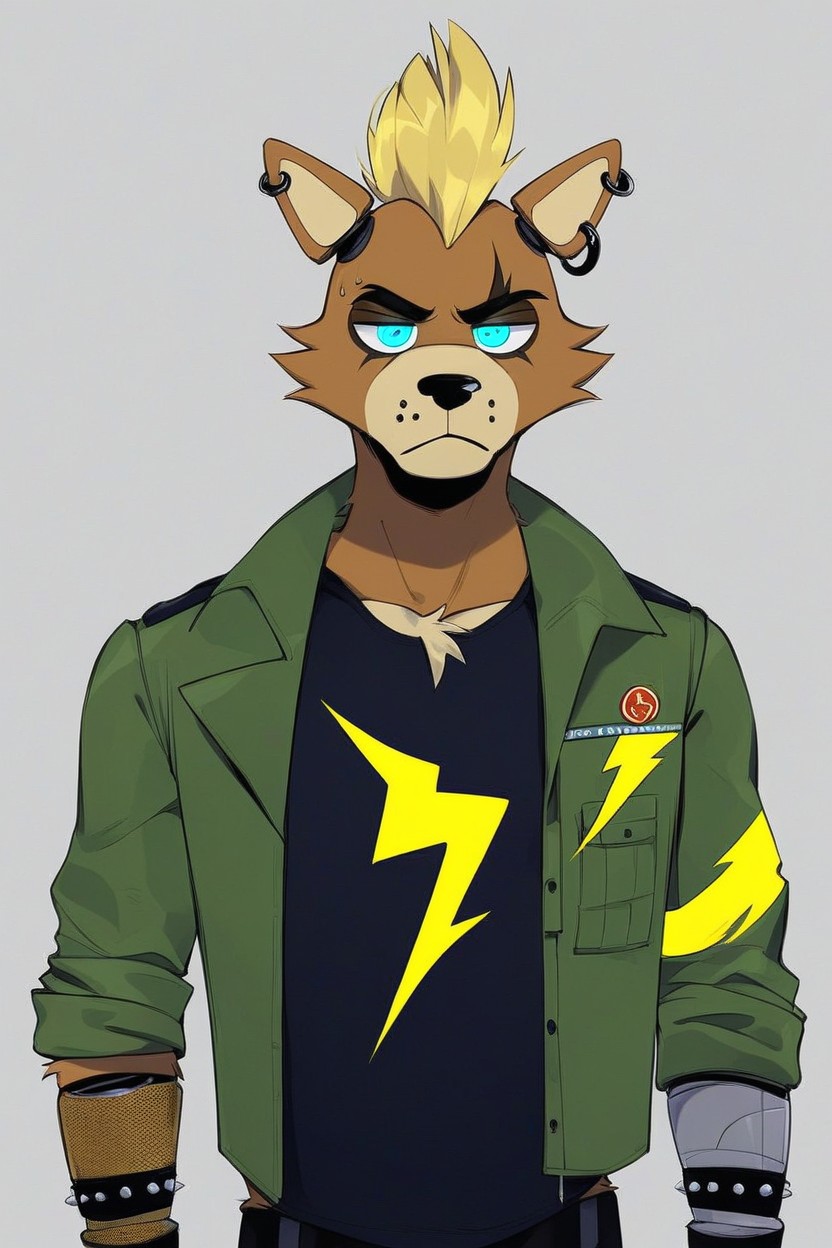 Gauge Piercings In Ears, Body, Wearing Brown Leather Wristbands Furry AI Porn