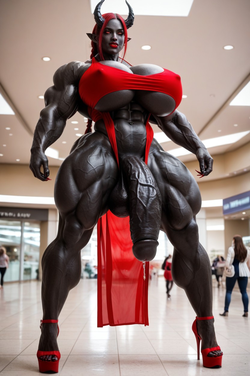Mall, Muscular Veins, Cutout Red Dress Shemale AI Porn