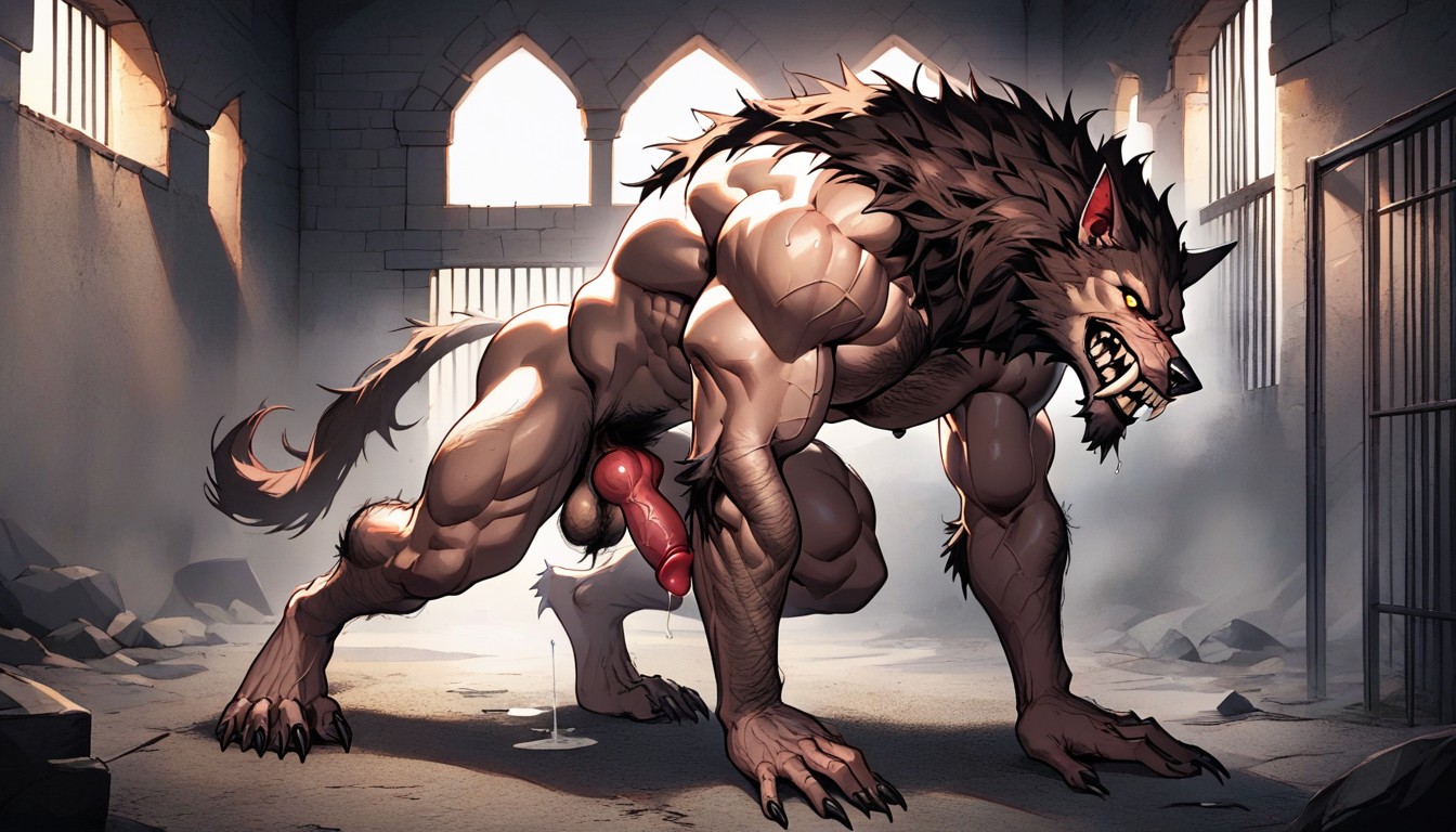 Pale Skin, Anthro Knot That Fully Visible, Werewolf Has Strong Hairy Claws For Hands And Large Hairy Paws For Feet AI Gay Porn