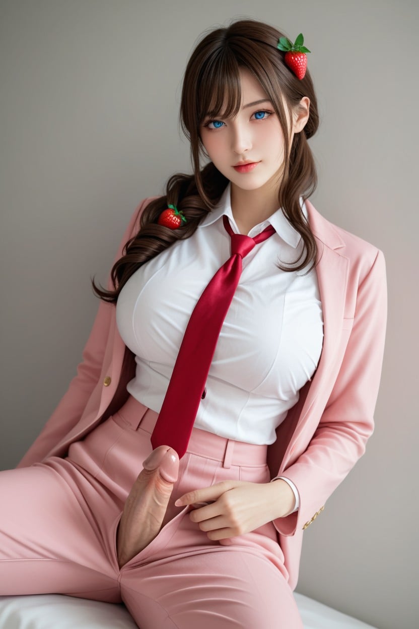 Brunette Shiny Hair, Low Drilled Ponytail, Bangs Asian AI Porn