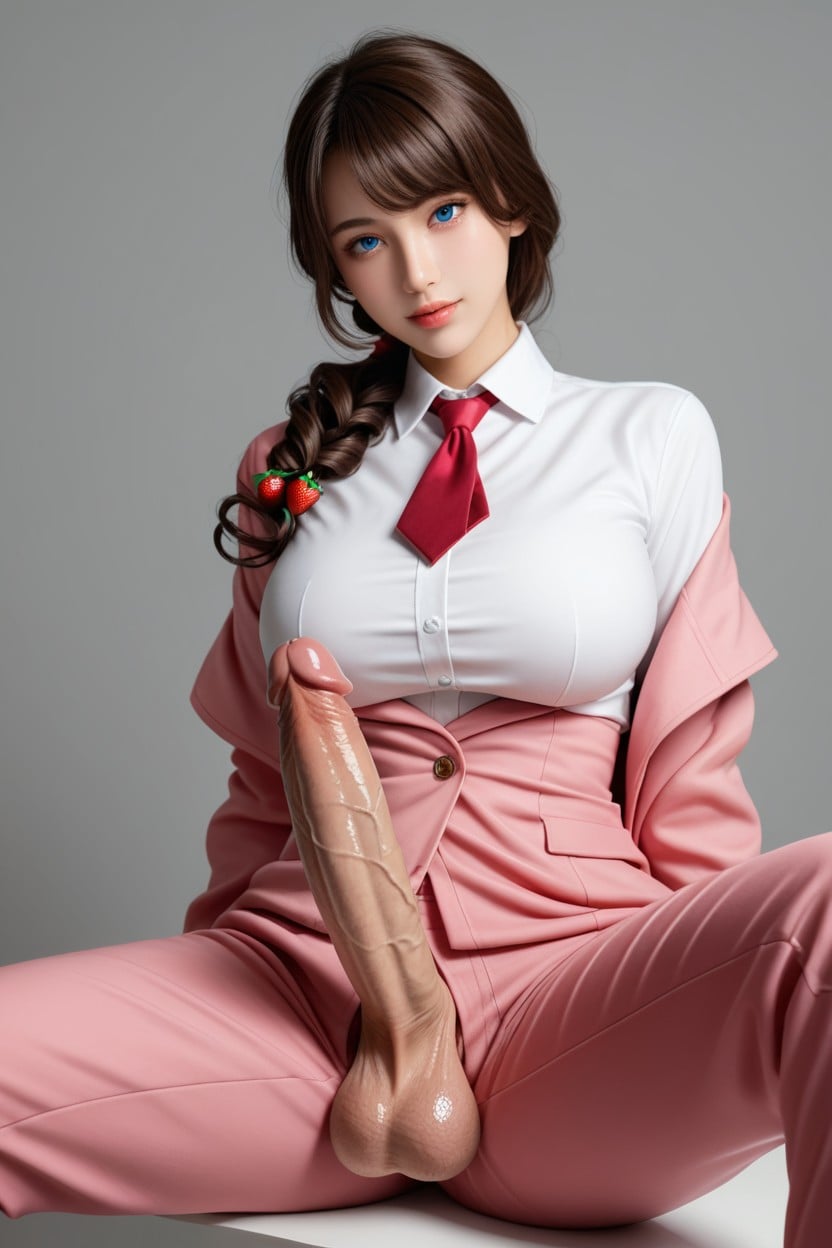Strawberry Hair Accessory, Brunette Drill Low Ponytail, Sitting Down Legs Spread Asian AI Porn