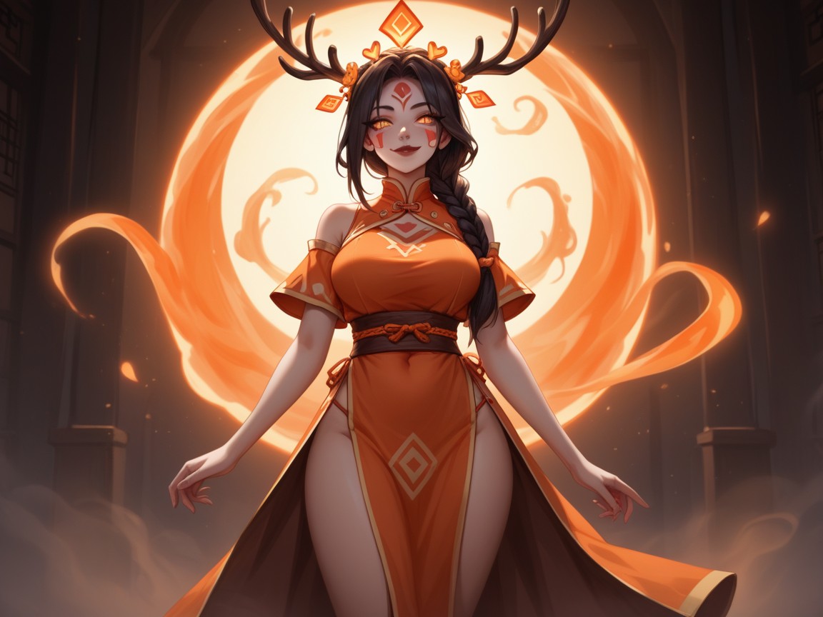 Wearing Orange Deer Wizard Clothes, Neon Orange Energy Surge From Womans Hands, Spirit Magic Hentai AI Porn