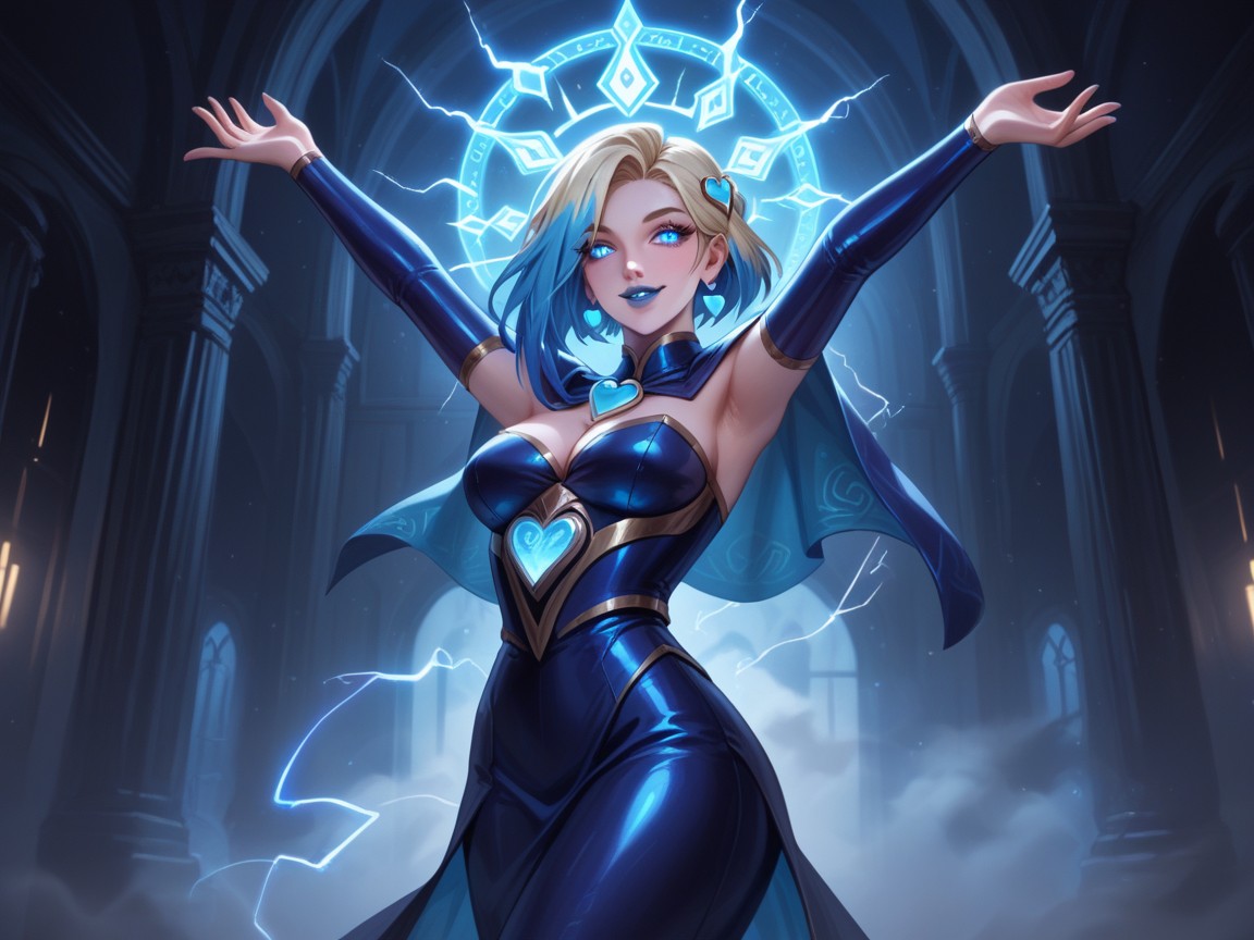 Neon Blue Fog, Crackling Electricity In Background, Neon Blue Ritual Circle Hentai AI Porn