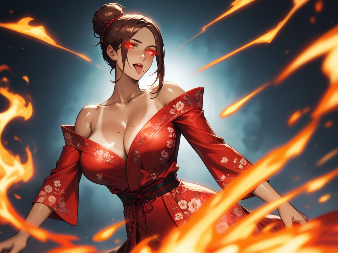 Neon Red Fire Love Hearts, Long Torso Height, Red Hair AI Porn