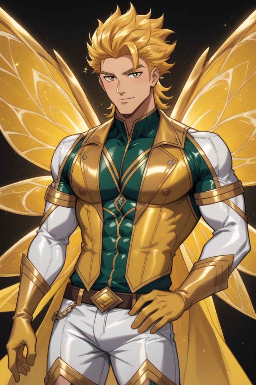 Blond Hair With Golden Highlights, Bright Clothes, Clothes Appearance Golden Skin AI Gay Porn