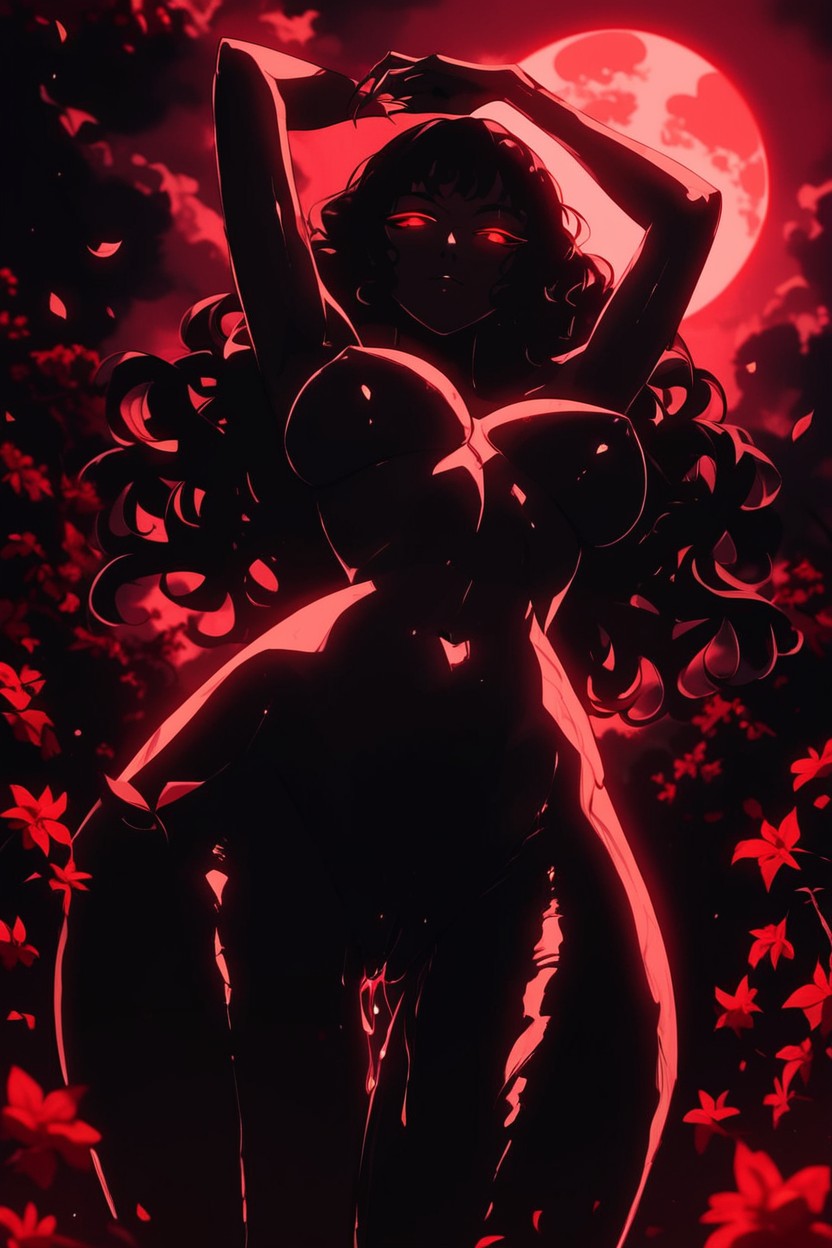 Bright Neon Red Moon, Dark Skin, Floating Hentai AI Porn