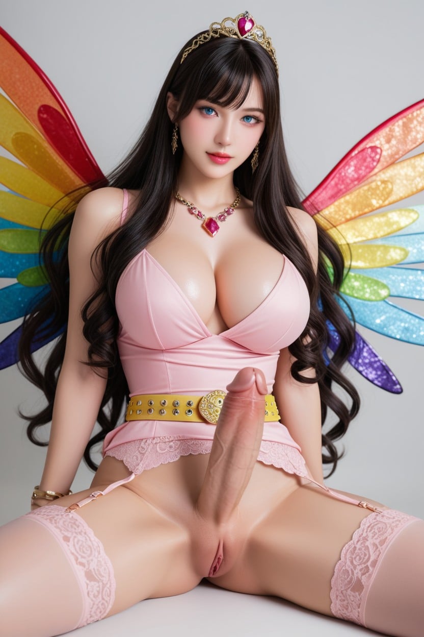 Single Bun, Curly, Golden Neck Accessory With Colorful Gems Asian AI Porn