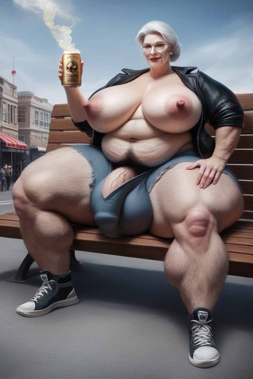 Holding Beer Can, Sitting On Bench, Futanari AI Porn