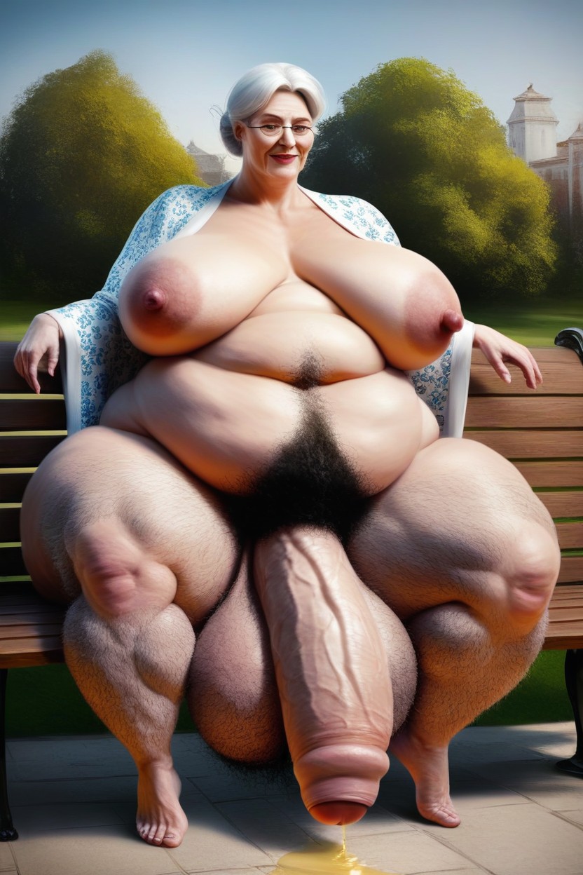 Huge Balls, Arms Resting On Bench Back, Beige Clothes AI Porn