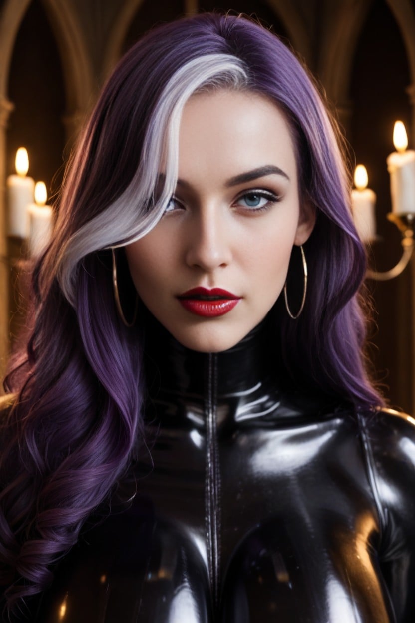 Small Breast, Massive White Hair Highlights And Bright Ultra Purple Hair, Bright Ultra Purple Hair And Ultra White Highlights AI Porn