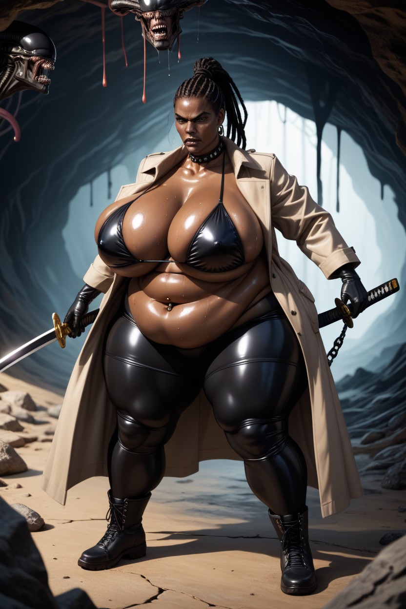 Black Bikini, On Her Knees, Black Long Trench Coat AI Porn