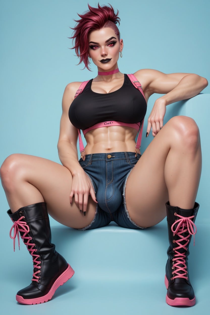 Spiky Hair, Suspenders, Large Breasts Shemale AI Porn