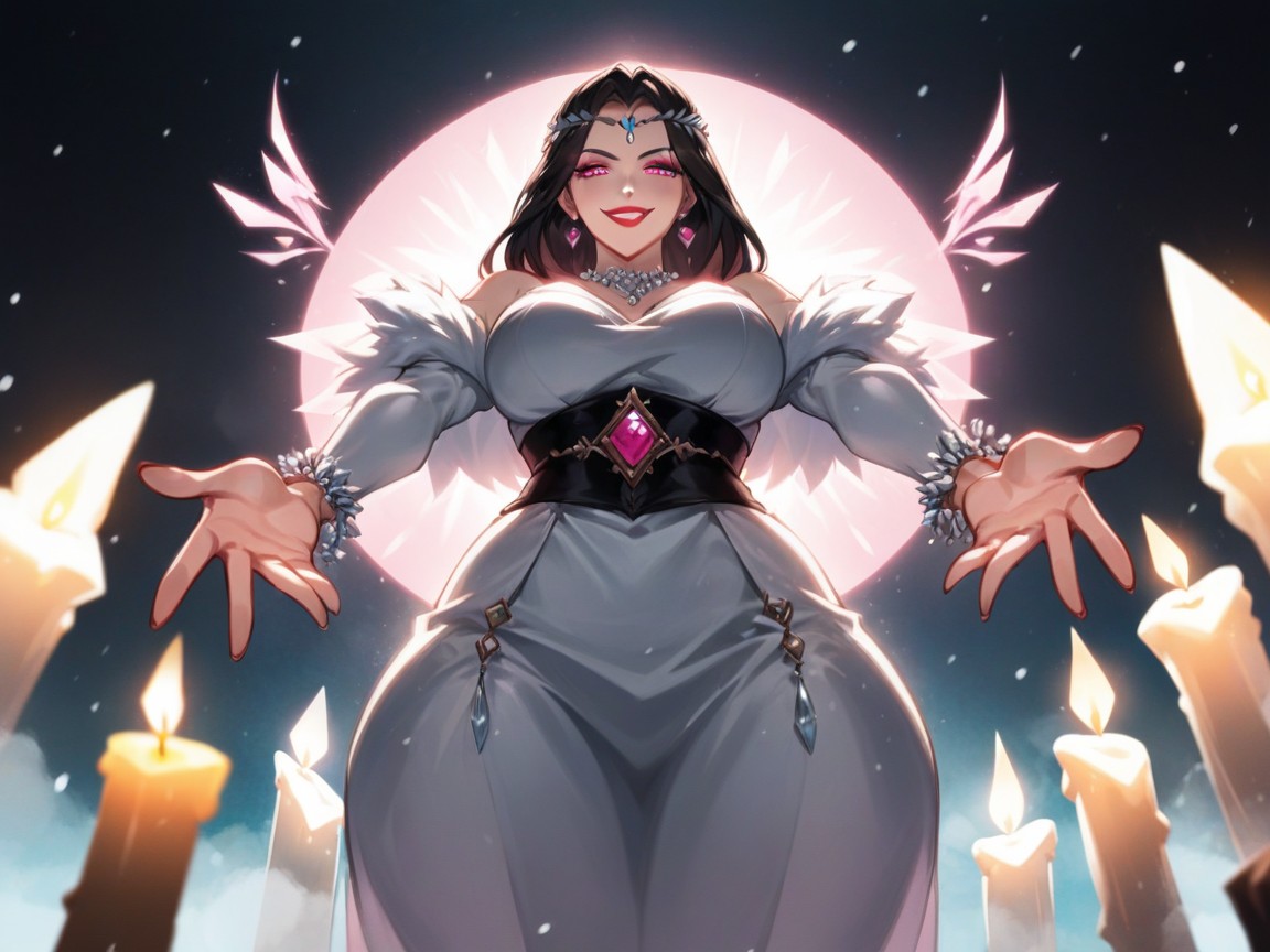 Pink Neon Energy Surge From Womans Hands, White Wizard Robe, Long Gluteal Folds AI Porn